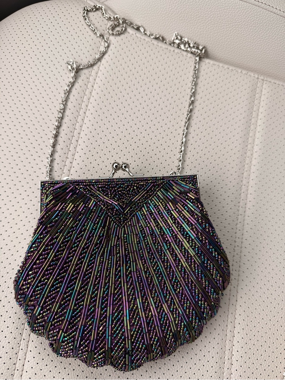 Vintage Beaded Shell Evening Bag with Silver Chain - Multicolor